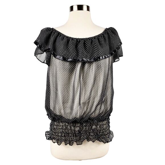 FROKEN SOT Blouse Black White Polka Dot Ruffles Sheer Top Retro Small Rockabilly - Picture 1 of 8